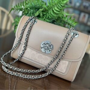Coach Parker Tea Rose Bag Signature & Taupe Leather Silver Hardware Style 89112